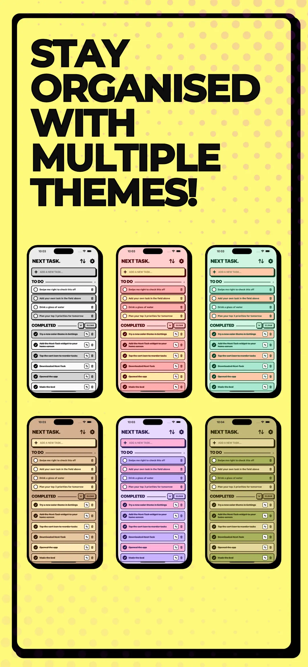 Six colour themes shown side by side
